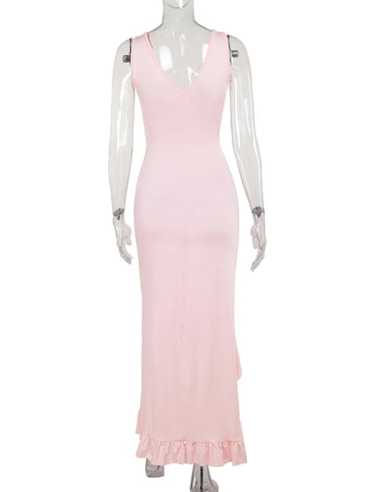 Sleeveless Ruffles Long Dress for Summer New Deep V Neck Backless Thigh High Split Maxi Dress