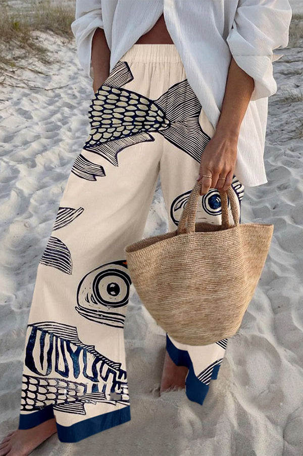 Fish Print Elastic Waist Loose Pocket Pants