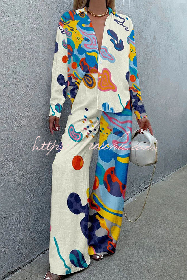 Art Print Buttoned Wide Leg Pant Suit