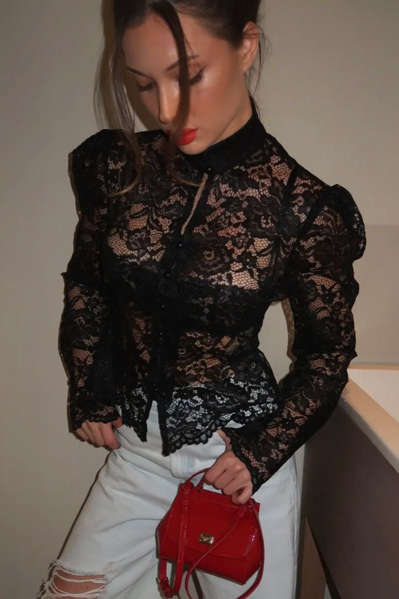 Lace Puff Sleeve Stand Collar Blouse