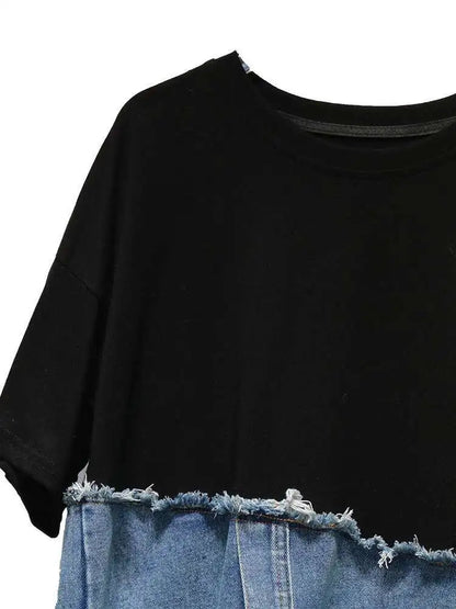 Denim Street Patchwork Sleeve White Short T-shirt O-neck Hem