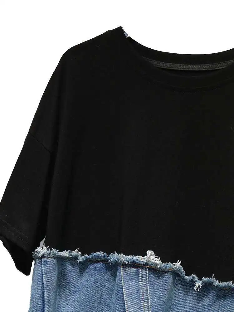 Denim Street Patchwork Sleeve White Short T-shirt O-neck Hem