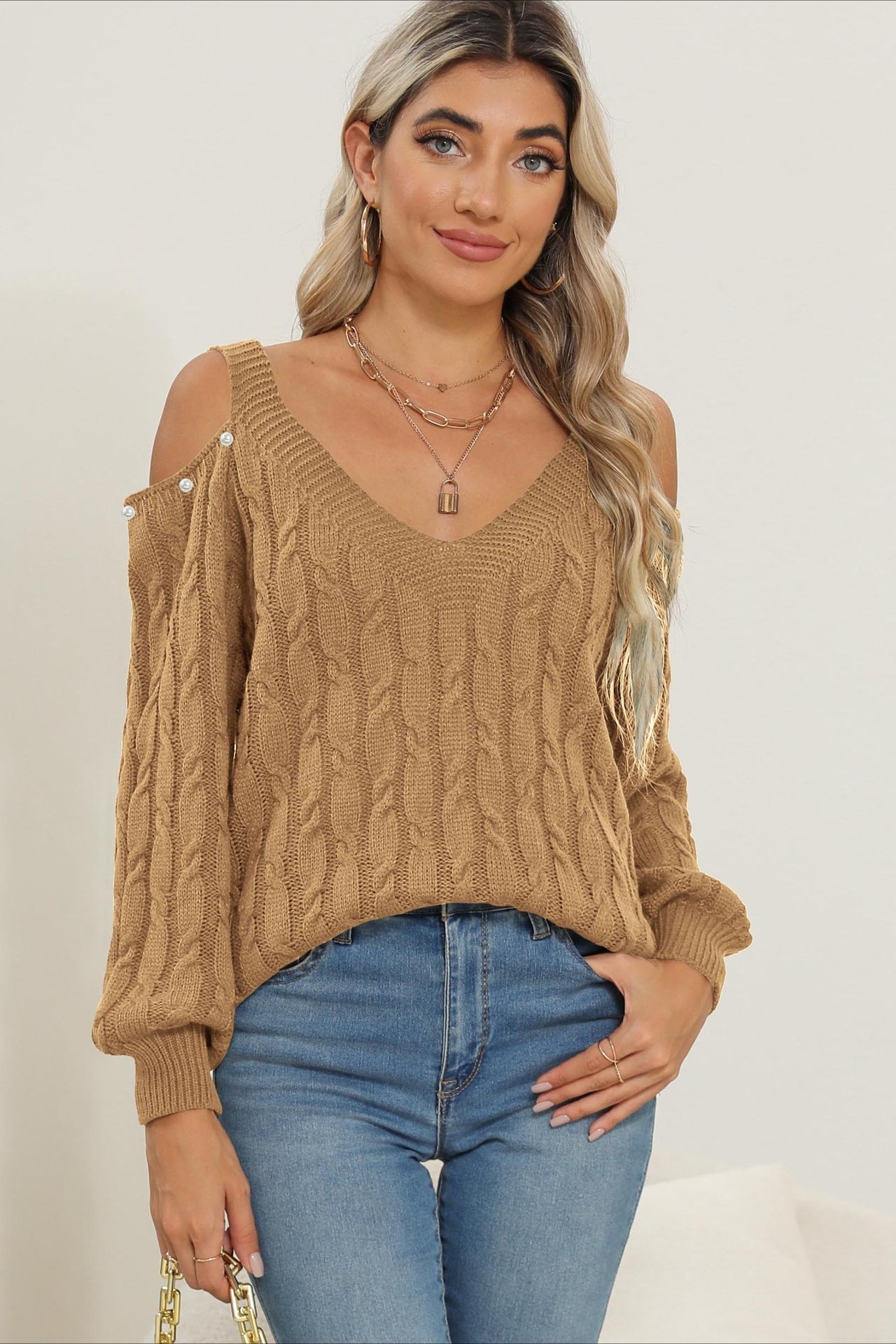 Deep V Off-shoulder Loose Pullover Sweater