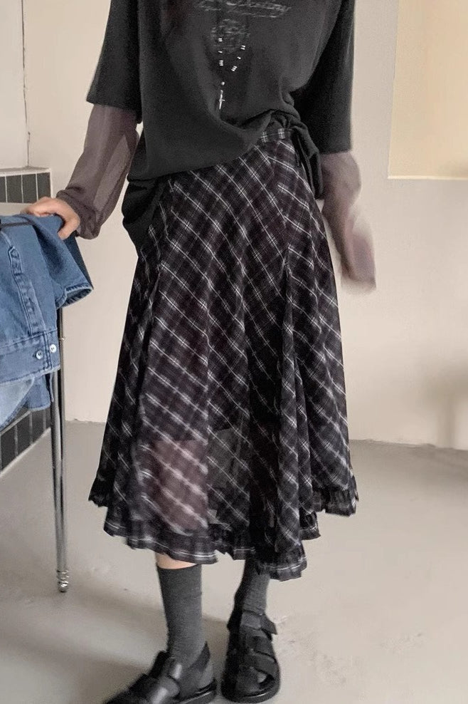 Two-tone Plaid Asymmetrical Skirt