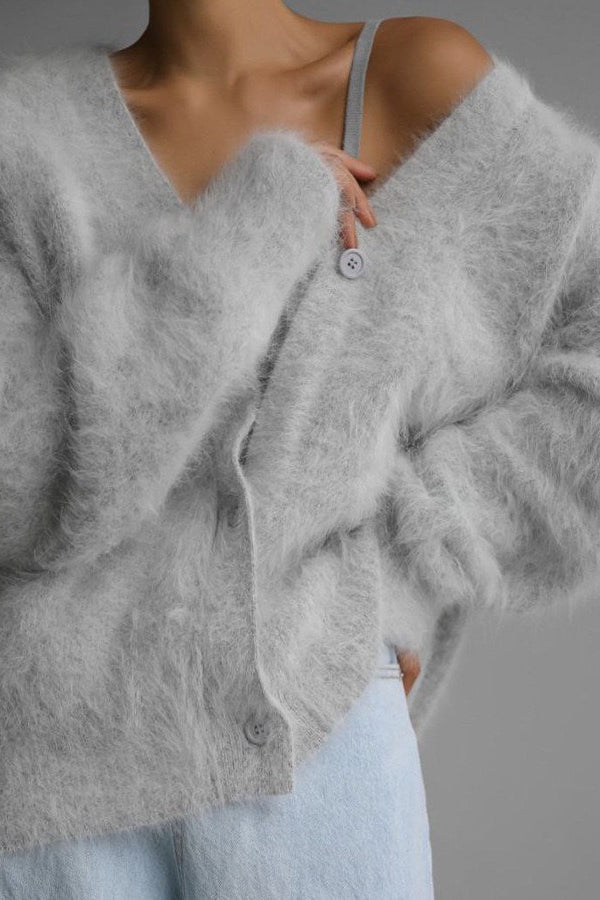 V Neck Soft Mink Fleece Loose Knit Cardigan
