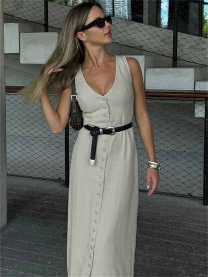 Summer V-neck Long Dress ’s Slim Lace-up High Waist Sleeveless Party Dress Maxi Dress New