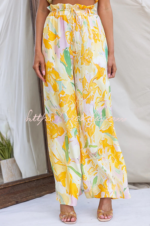 Soleila Print One Shoulder Tie-up Crop Top and Elastic Waist Pocket Loose Pants Set