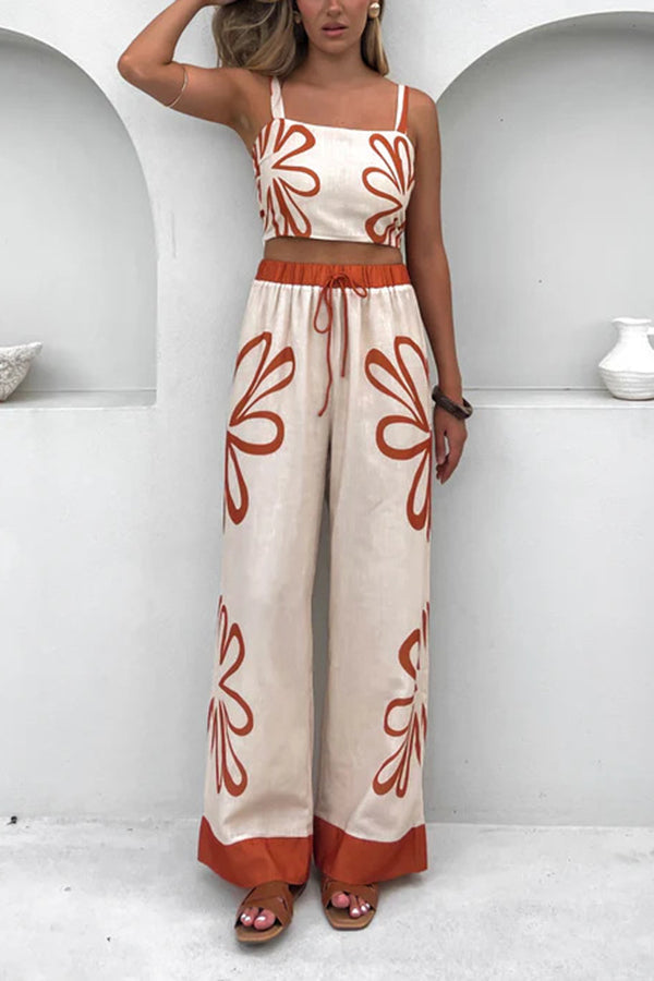 Print Suspender Back Pleated Top and Elastic Waist Drawstring Pants Set