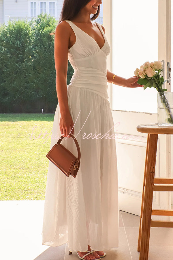 Color V-neck Waist Hollow Slim Maxi Dress