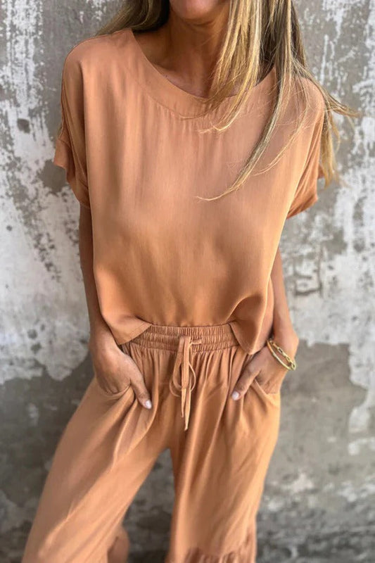 Color Crew Neck Short-sleeved Top and Elastic Waist Tie Pocket Wide Leg Pants Set
