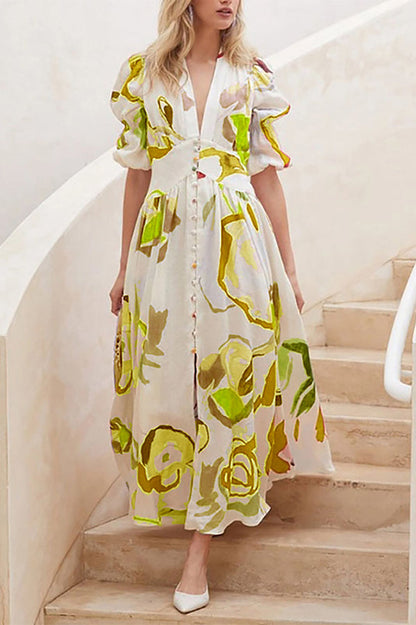 Lover's Gaze Watercolor Printed Puff Sleeve Button Maxi Dress