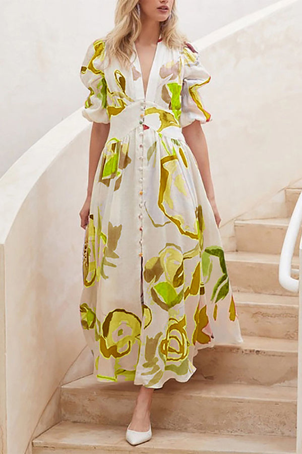 Lover's Gaze Watercolor Printed Puff Sleeve Button Maxi Dress