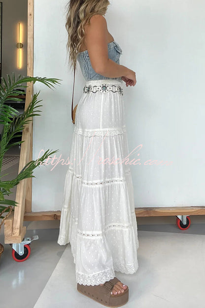 Lace Splicing Elastic Waist Loose High Slit Maxi Skirt