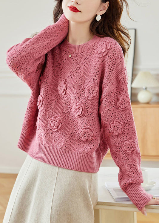 Pink Hollow Out Knit Sweaters Fall Qc033