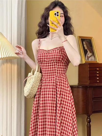 Plaid Midi Dress French Spaghetti Strap A-line Spring Summer Holiday Beach Style Prom Robe Vestidos Mujer