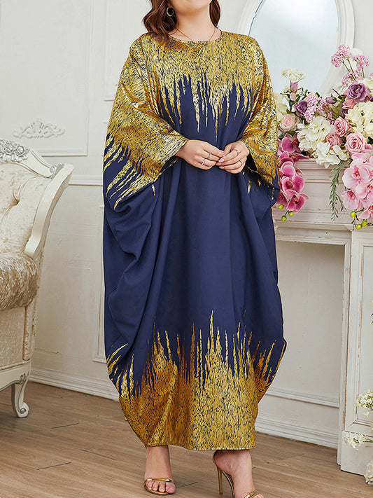 Batwing Sleeves Long Sleeves Contrast Color Printed Round-neck Maxi Dresses