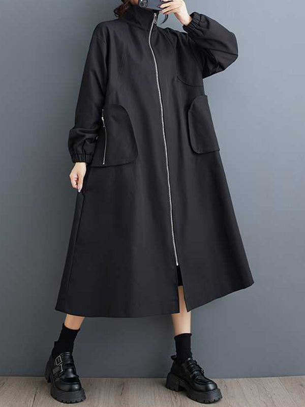 Retro Khaki High Neck Pockets Zip-up Long Sleeve Trench Coat Tw005