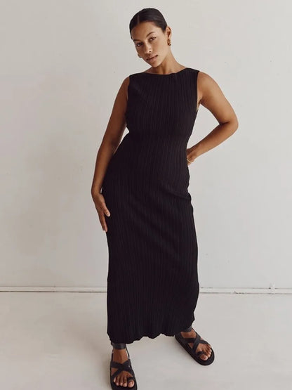 Cotton Knitted Stripe Dresses for Color Sleeveless O Neck Party Long Dress New Commuting Vestidos