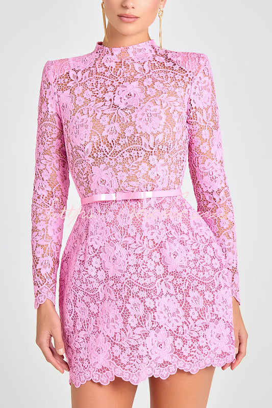 Champagne Toast Flower Lace Long Sleeve Bow Belted Mini Dress