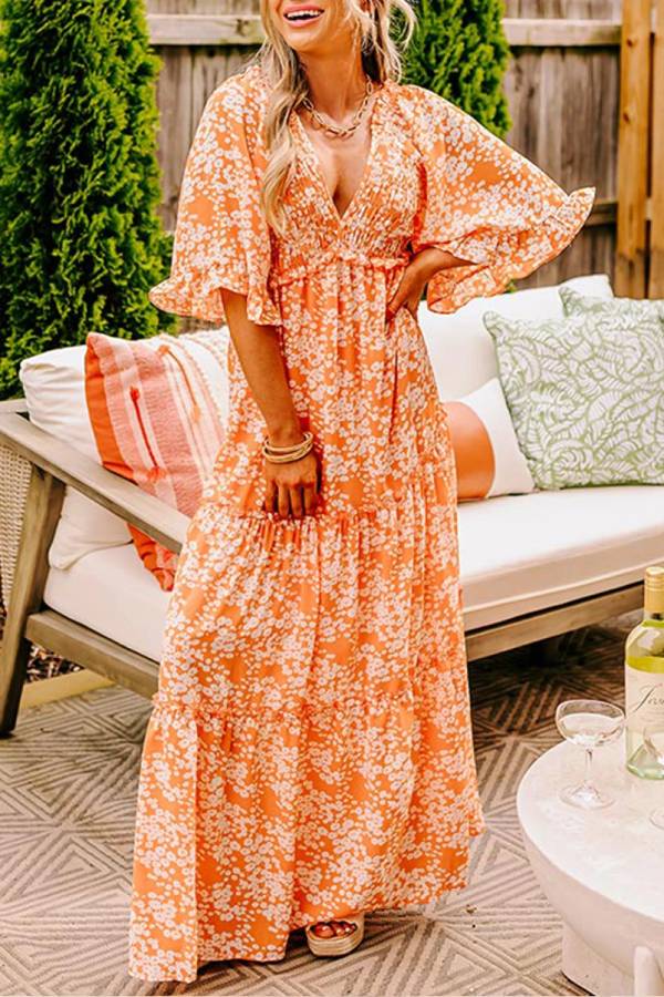 Orange Print Smocked V Neck Bell Sleeve Maxi Dress