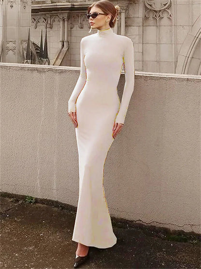 Skinny Turtleneck Backless Maxi Dress ’s Patchwork High Waist Hollow Out Party Dress Female Long Dress