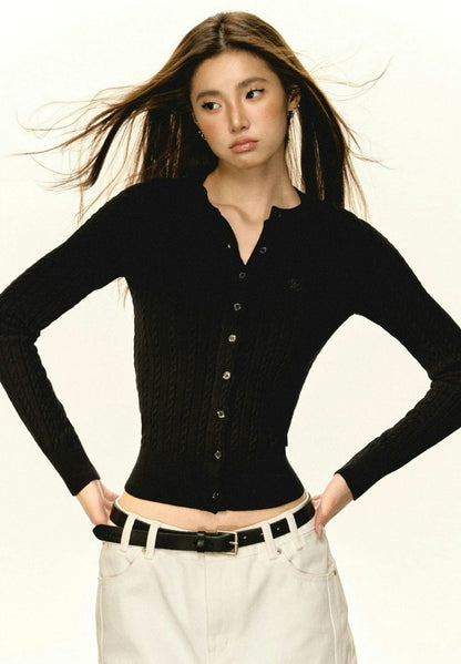 Button Cable Knit Cropped Cardigan