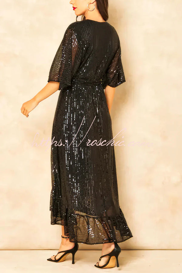 Color Sequined V-neck Waist Tie Loose Maxi Dress
