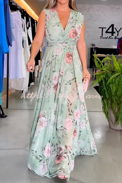 Print V-neck Lace-up Maxi Dress