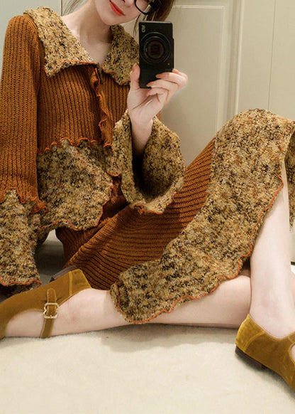 French Peter Pan Collar Print Patchwork Cotton Knit Cardigans and Maxi Skirts Two Pieces Set Fall Wv023