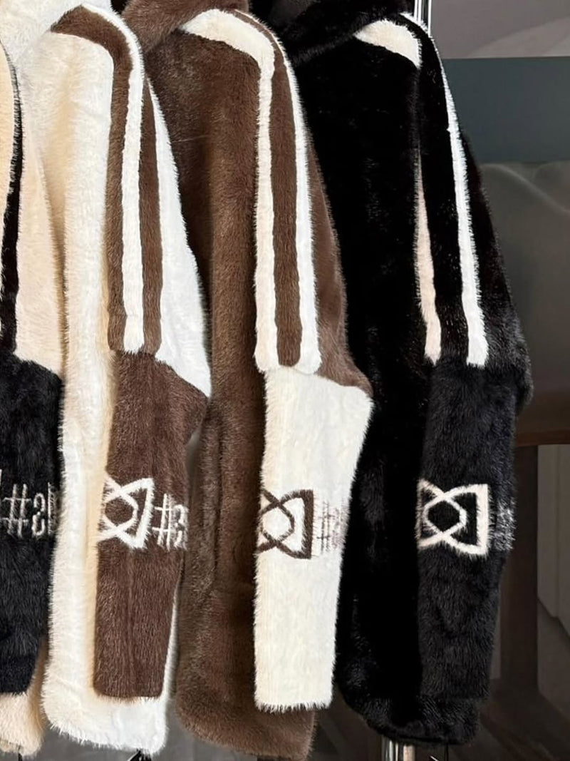 Plush Hooded Vertical Stripe Printed Coat
