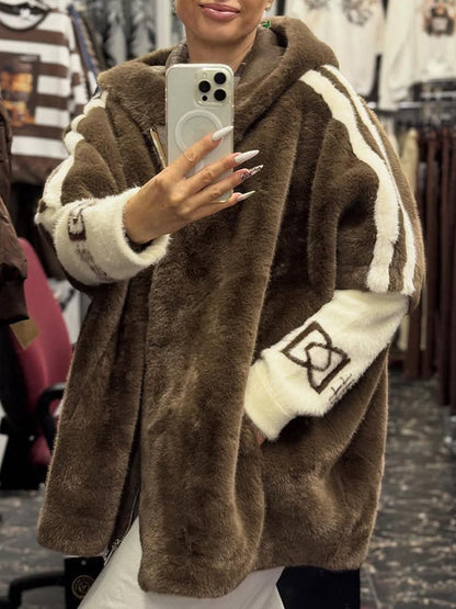 Plush Hooded Vertical Stripe Printed Coat