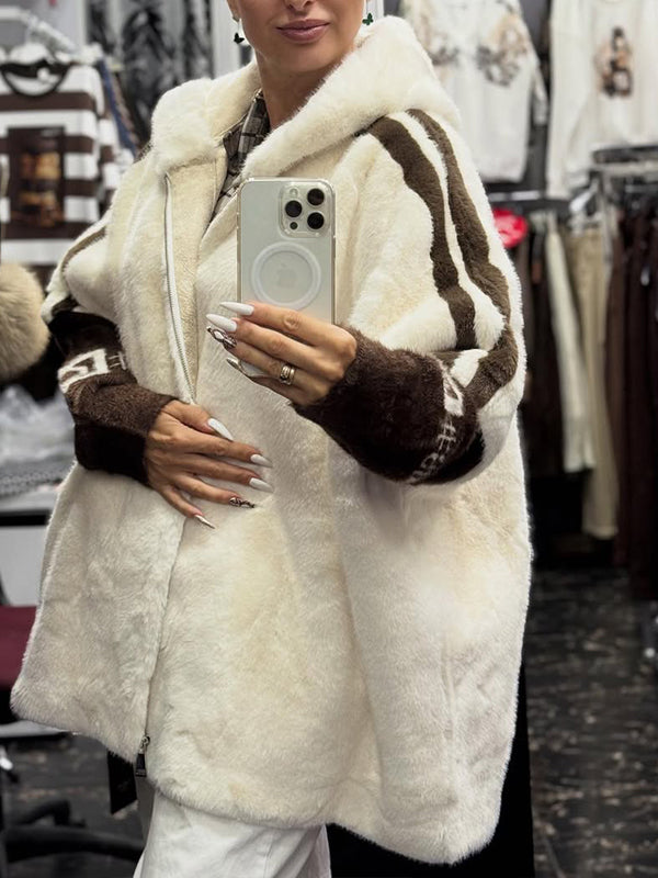 Plush Hooded Vertical Stripe Printed Coat