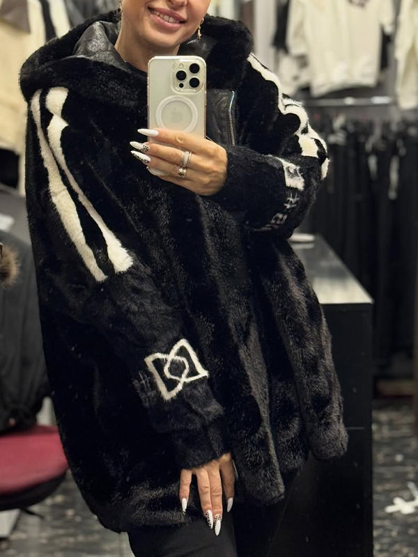 Plush Hooded Vertical Stripe Printed Coat