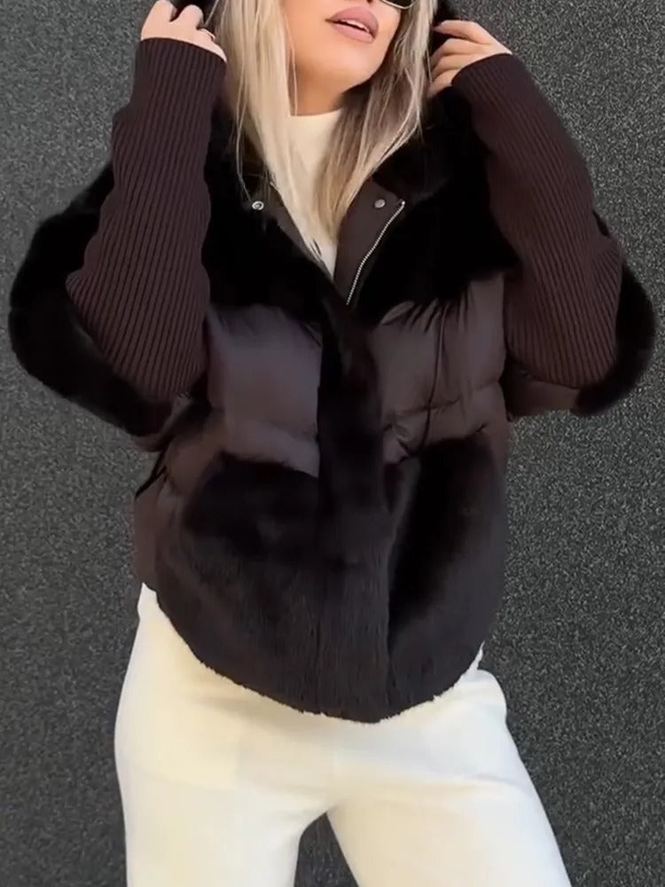 Hooded Plush Patchwork Coat