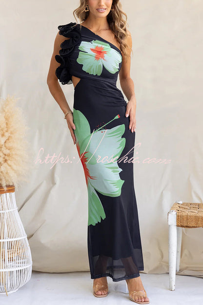Print One-shoulder Fitted Mesh Maxi Dress