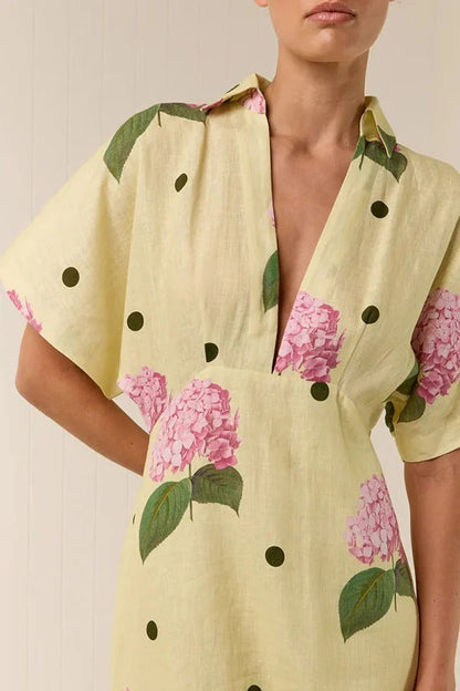 Jasmine Linen Blend Polka Dot Wide Sleeve Shirt Maxi Dress