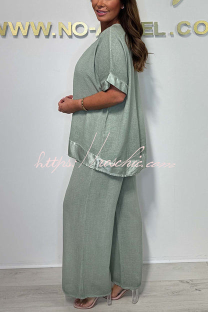 Fashionable V-neck Short-sleeved Loose Top and Elastic Waist Wide-leg Pants Set