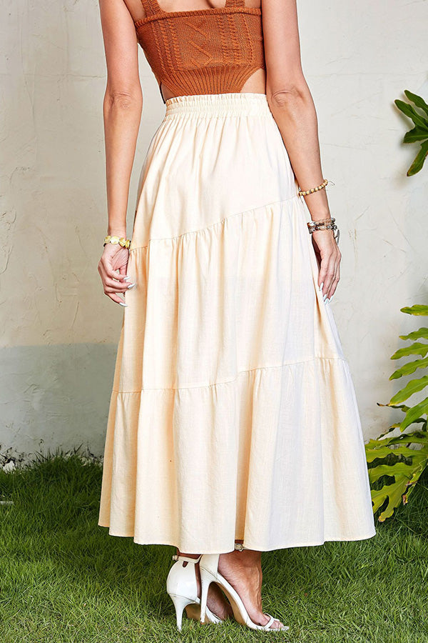 Color Cotton and Linen Elastic Waist Pleated Skirt
