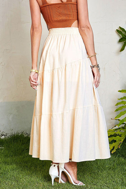 Color Cotton and Linen Elastic Waist Pleated Skirt