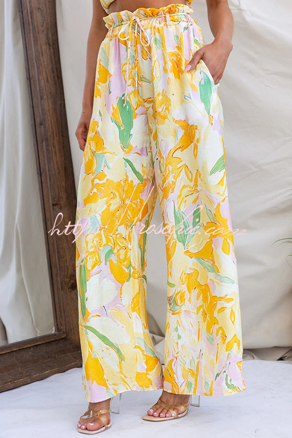 Soleila Print One Shoulder Tie-up Crop Top and Elastic Waist Pocket Loose Pants Set