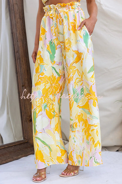 Soleila Print One Shoulder Tie-up Crop Top and Elastic Waist Pocket Loose Pants Set