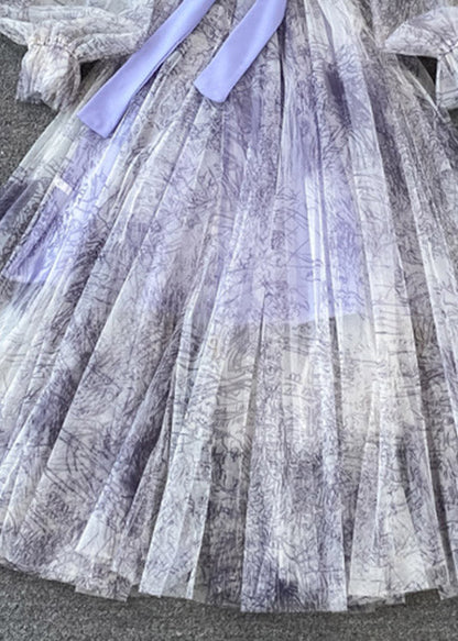 Purple O-neck Bow Tulle Long Dress Puff Sleeve Aj1038