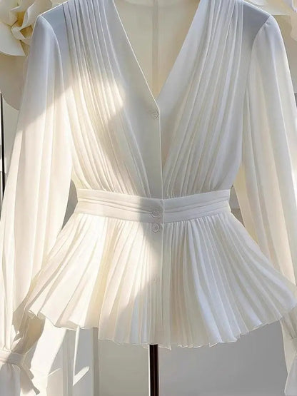 Youth Pleated White Long Sleeve Button Up Shirt V Neck Ruffle Tunic Basic Blouse Chiffon Lady Office