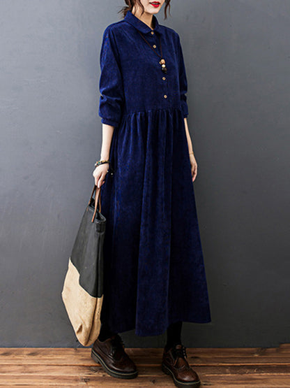 Split-joint Color Long Sleeves Lapel A-line Corduroy Midi Dress