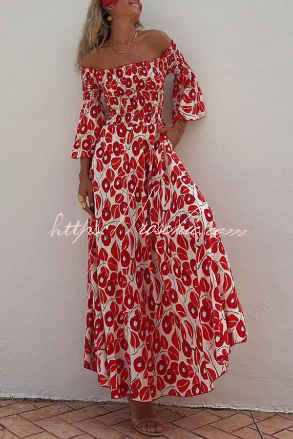 Close to the Vacation Print Smocked Off Shoulder Pocketed Maxi Dress