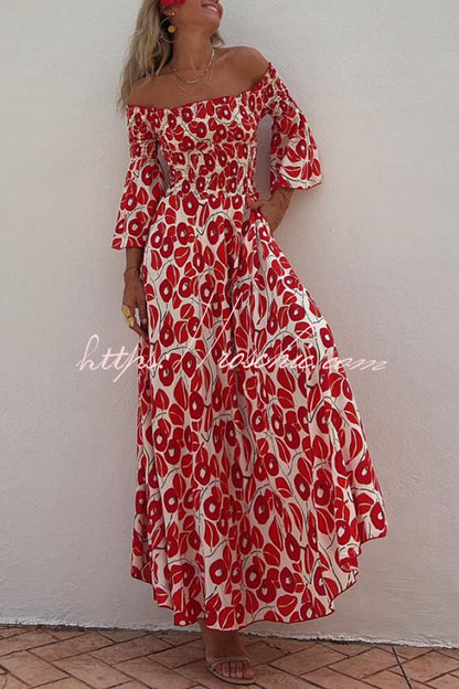 Close to the Vacation Print Smocked Off Shoulder Pocketed Maxi Dress