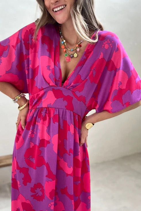 Rose Abstract Print V Neck Dolman Maxi Dress