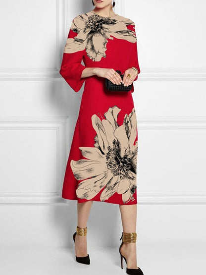 Loose Three-quarter Sleeves Contrast Color Flower Print Round-neck Midi Dresses