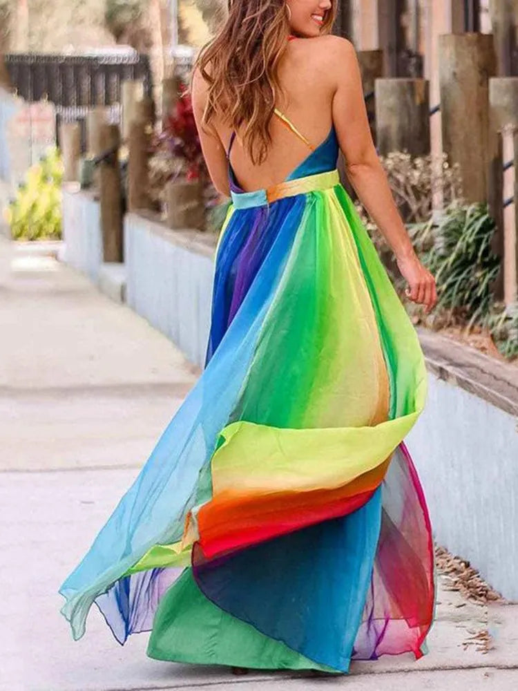 Rainbow Chiffon Spaghetti Strap Dresses Deep V-neck Backless Long Dress Evening Party Vestidos