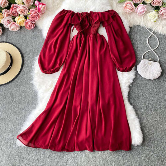 Red Off Shoulder With Ruffles Long Puff Sleeve Midi Dress Ar1019